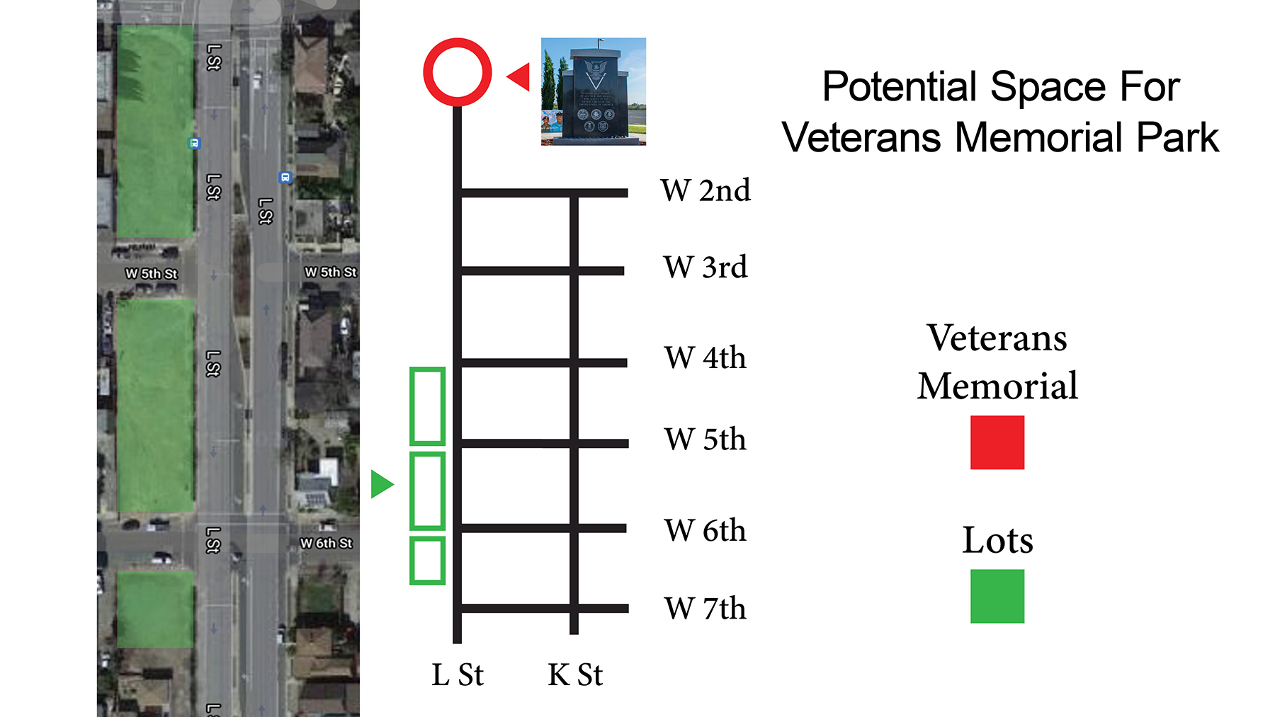 A slide for the Veterans Blvd Presenation, featuring a graphic for where the parks will go relative to L Street